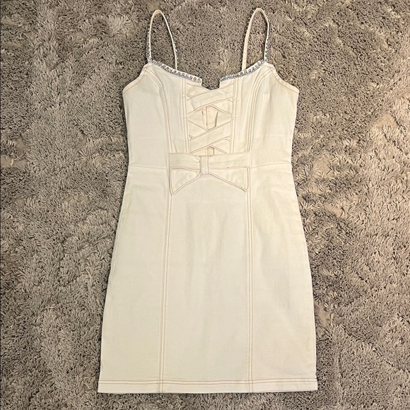 bebe Cream Mini Dress with Lace-Up Detail/Diamond straps - Picture 1 of 5